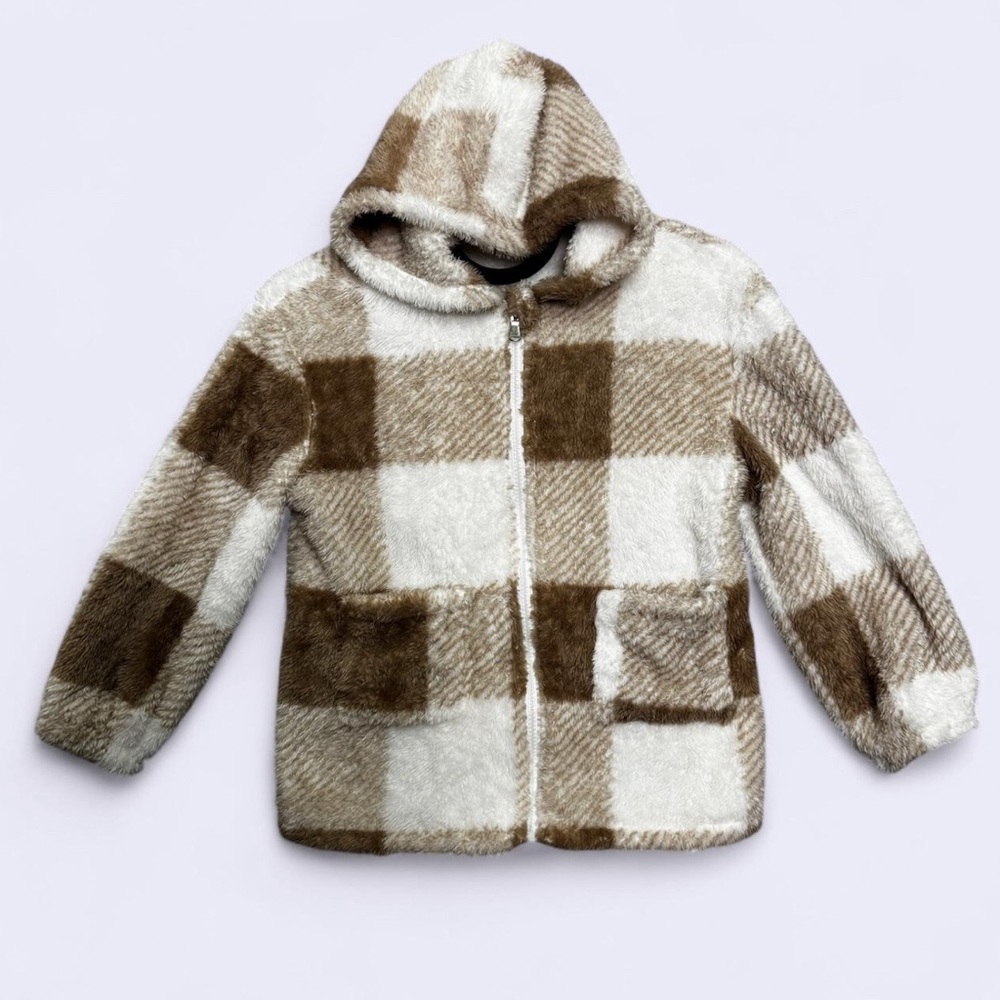 SHEIN Girls 8Y Brown White Buffalo Plaid Sherpa Teddy Bear Zip Jacket Coat Cozy